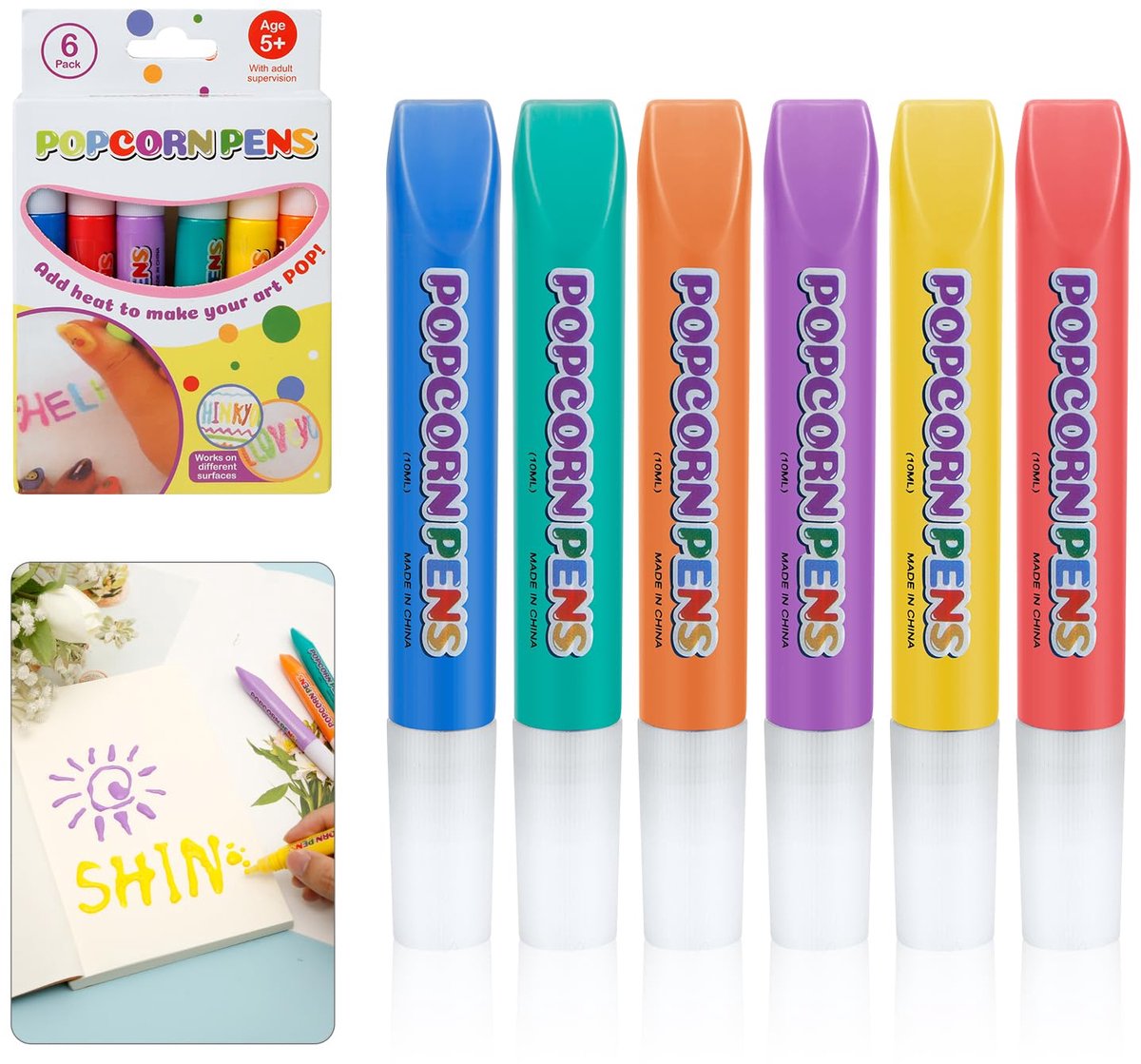 Tekenpennen 6 kleuren - magische gezwollen verfmarkers - 3D popcorn effect - perfect voor kunst en creativiteit - SnelShoppen