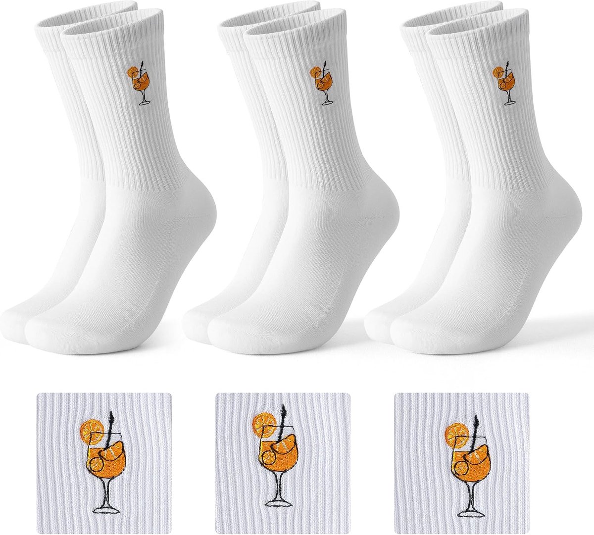 Compatibel met Aperol Spritz sportsokken voor heren, trendy tennissokken met geborduurde motieven, witte sportsokken, grappig cadeau voor mannen en vrouwen, set van 3