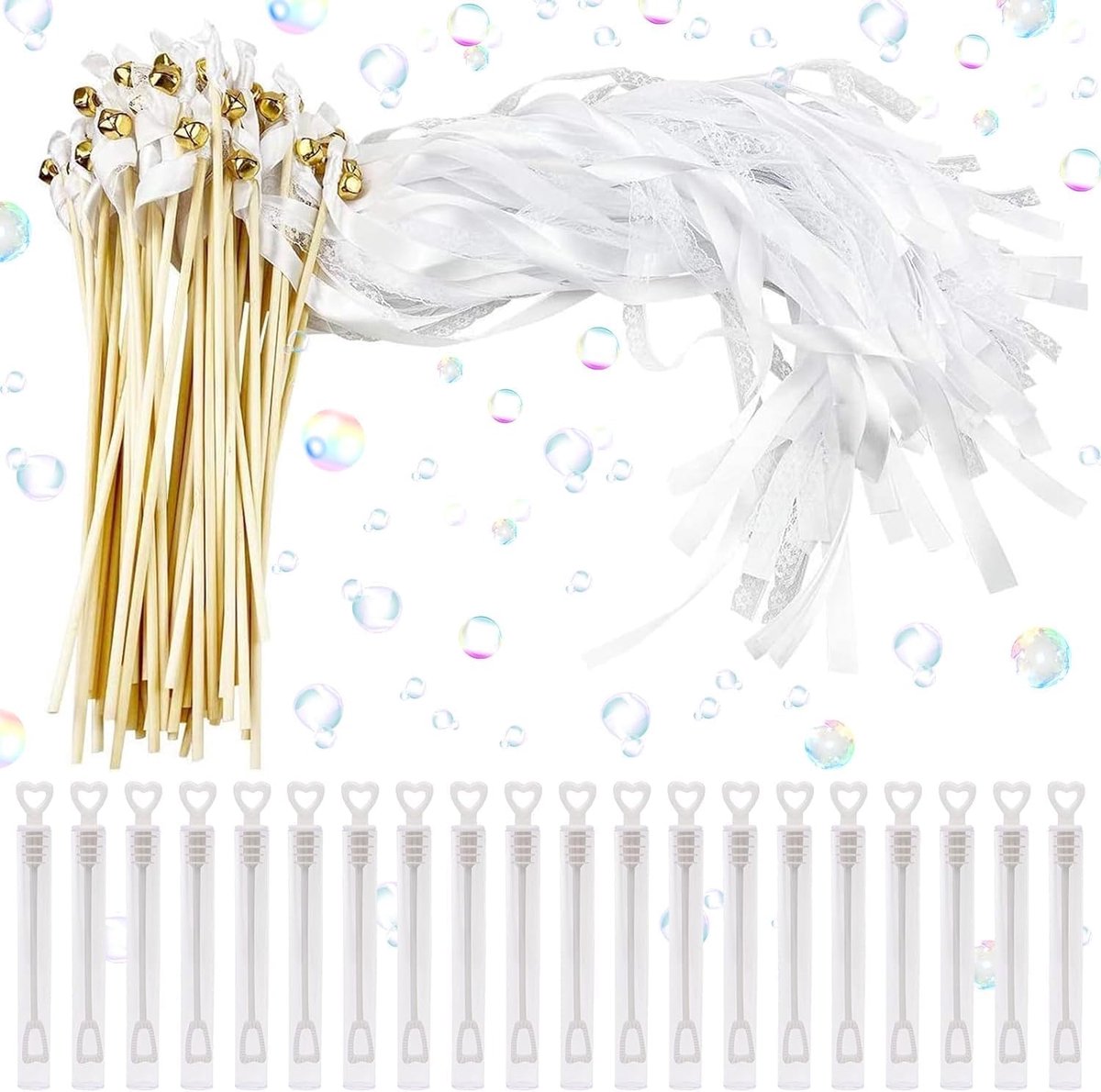 Bruiloftstokken met Lint en Bel, 20 stuks Huwelijkslint Stokken, Witte Lintstokken, Huwelijkslint van Zijde voor Bruiloften Jubilea Kerst Feestdagen