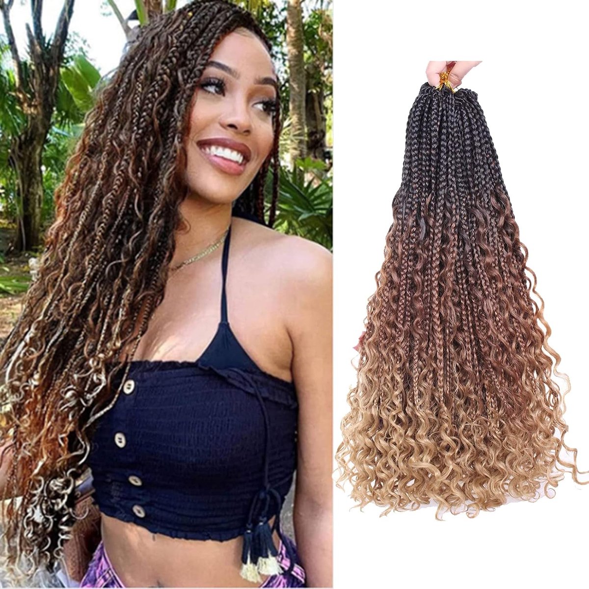 8 stuks gehaakte vlechten haar krullend 45 cm godinne box, Bohemian hippie vlechtenextensions met krullende uiteinden, synthetische haarextensions voor vlechten (1B/30'