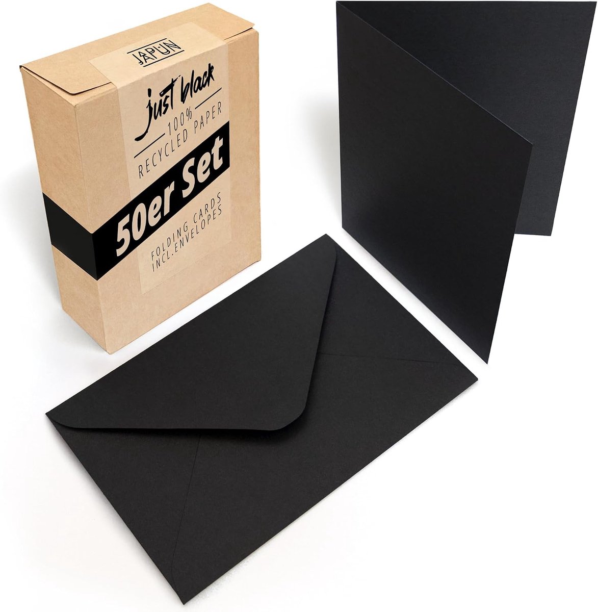 - 50 vouwkaarten met 50 enveloppen A6 / C6-formaat, zwart | Set blanco dubbele kaarten van 250 g/m² om te schrijven en bedrukken, briefomslagen 110 g/m² met gomsluiting, zonder venster