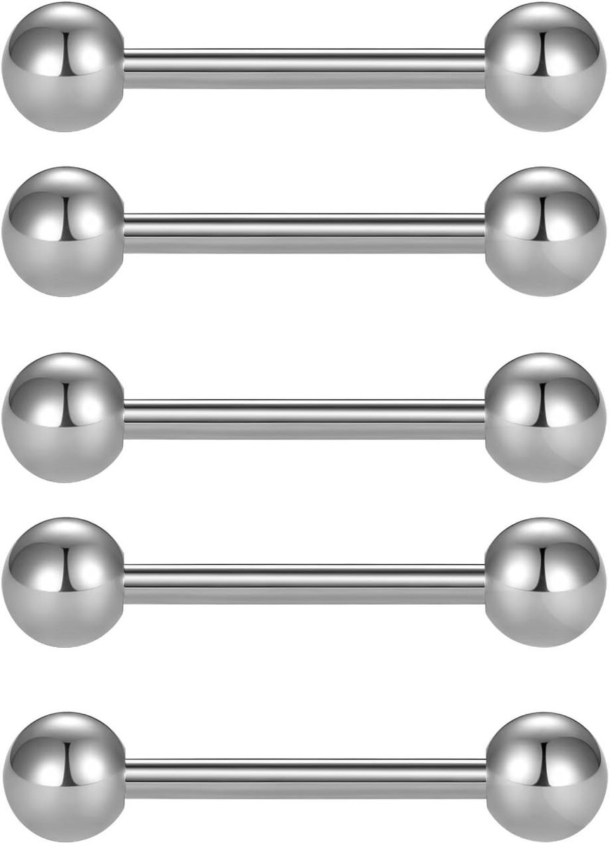 5-delige tongpiercingset, staaflengte van 12, 14, 16, 18 mm, chirurgisch staal, tepelpiercing, Roestvrij staal, zonder steen