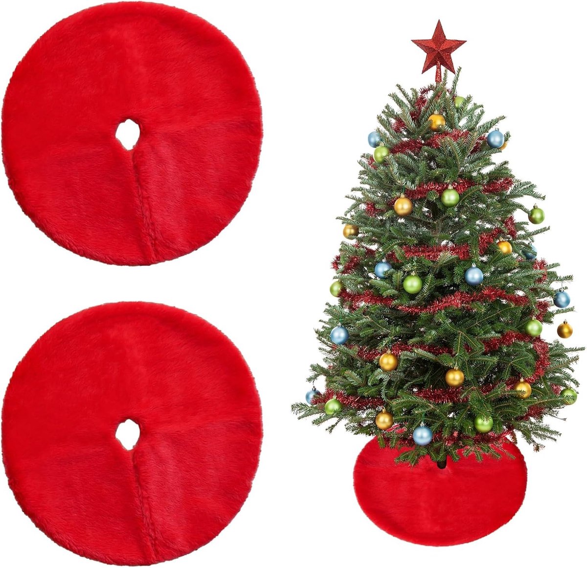 Rood, 2 stuks, rond, kerstboomtapijt, kerstboomrok 40 cm, ronde zachte kerstboom, voetafdekking voor kerstboomversieringen, vakantie