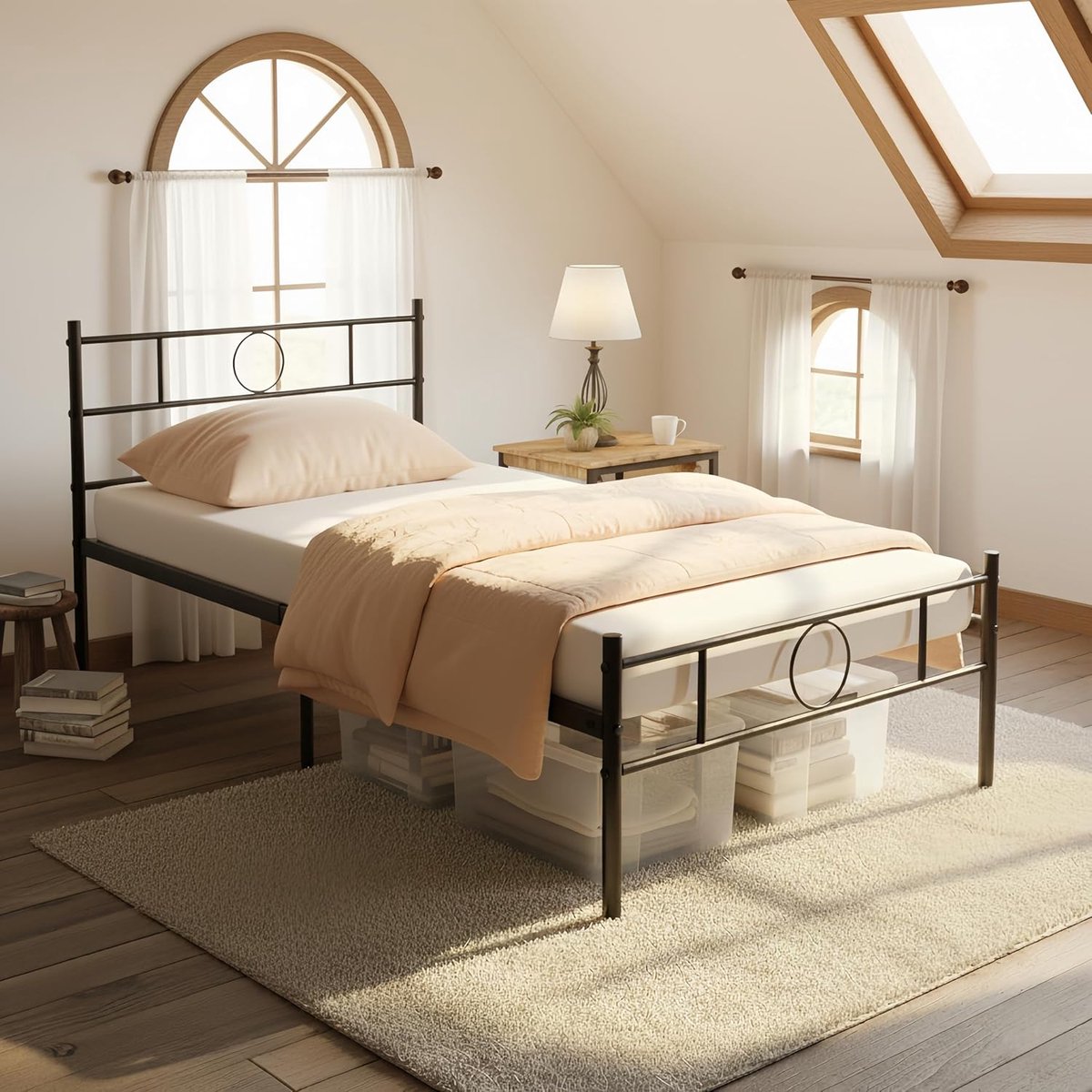 90 x 190 cm, eenpersoonsbed, metalen bed, 32 cm hoog, modern jeugdbed met opbergruimte onder het bed, logeerbed met hoofdeinde voor kleine ruimtes, zwart, metaal