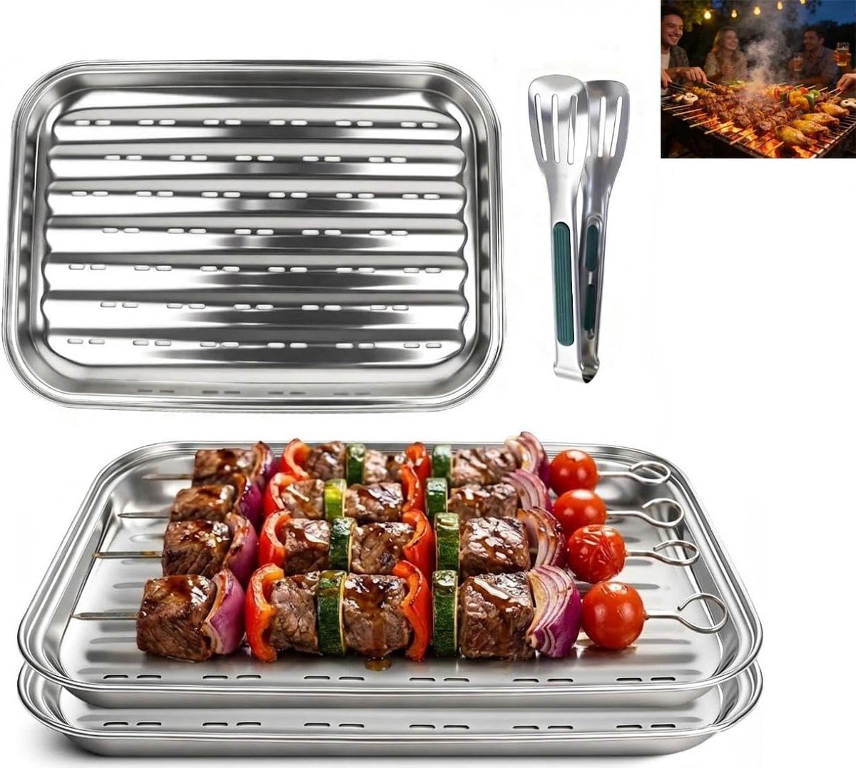Grillschalen, grillschaal roestvrij staal, herbruikbare grillplaatset van roestvrij staal, inclusief set van 3 geperforeerde platen 34,5 x 24 x 2 cm + tang, voor vis, groenten en
