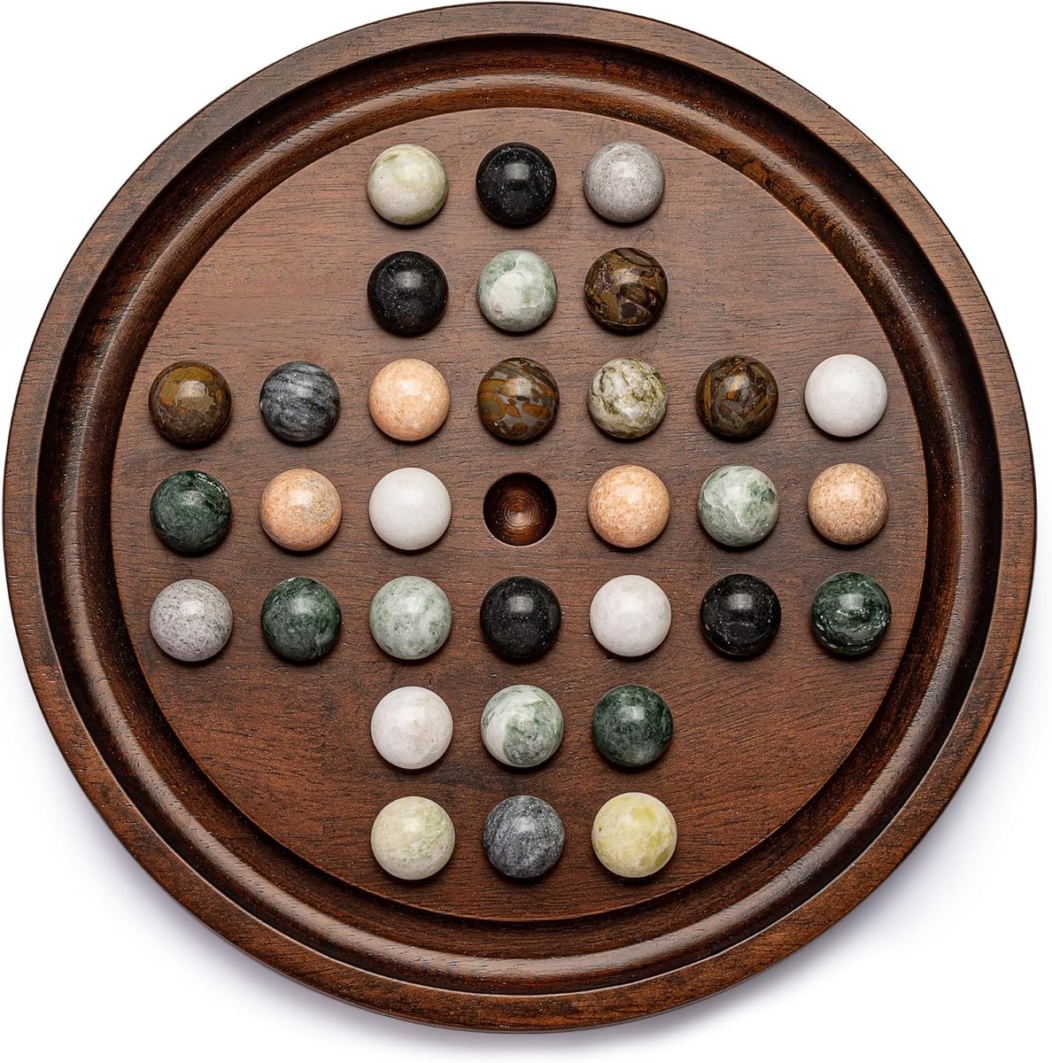 Solitaire spelset: 12,6-inch massief houten bord, 32 natuurlijke marmeren ballen, strategie- en denkspel voor één speler