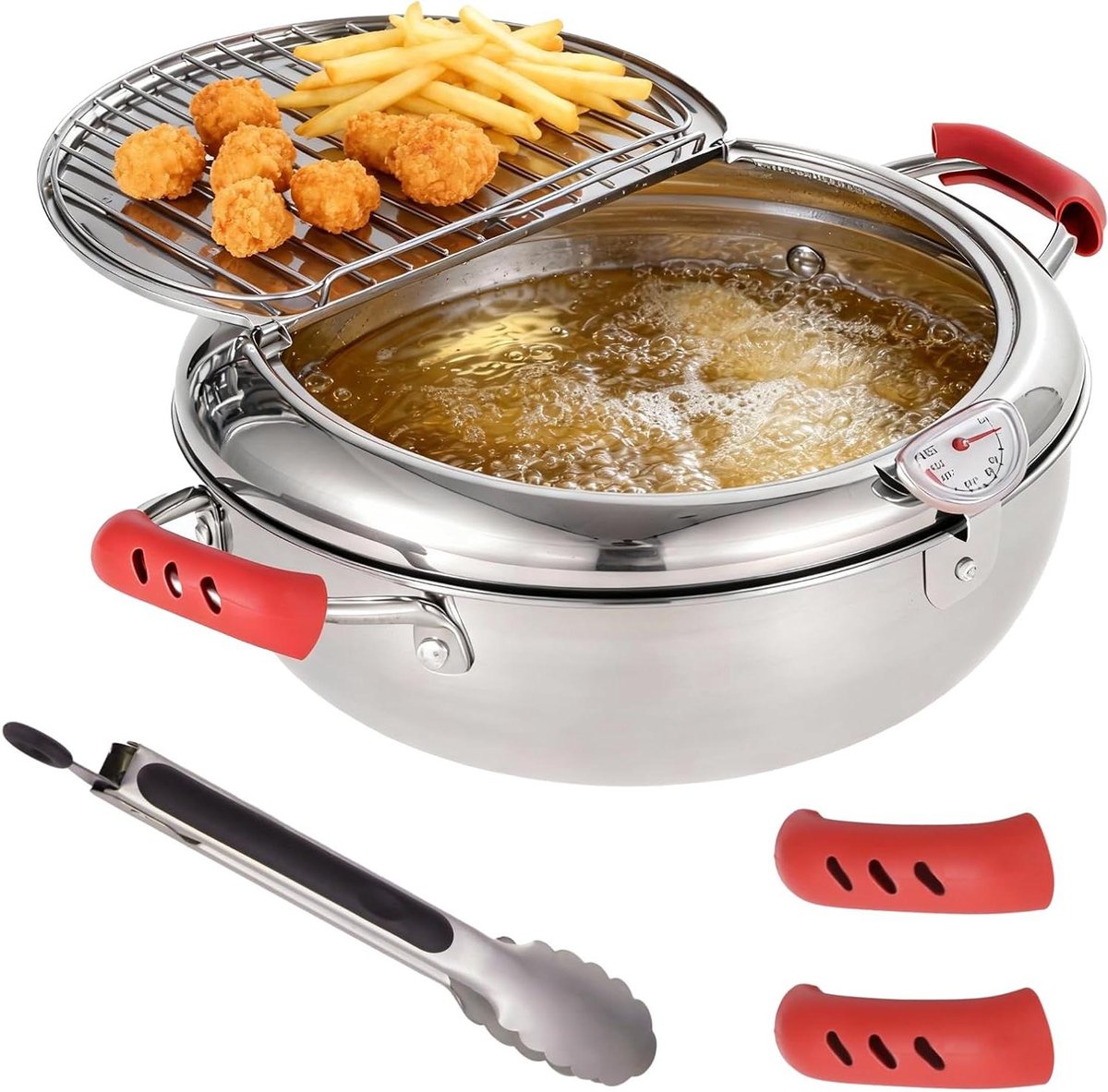 Friteuse met Thermometer - Frituurpan Japanse pan - Thuis Frituren - Roestvrij Staal - 28 x 155 cm - Zilver