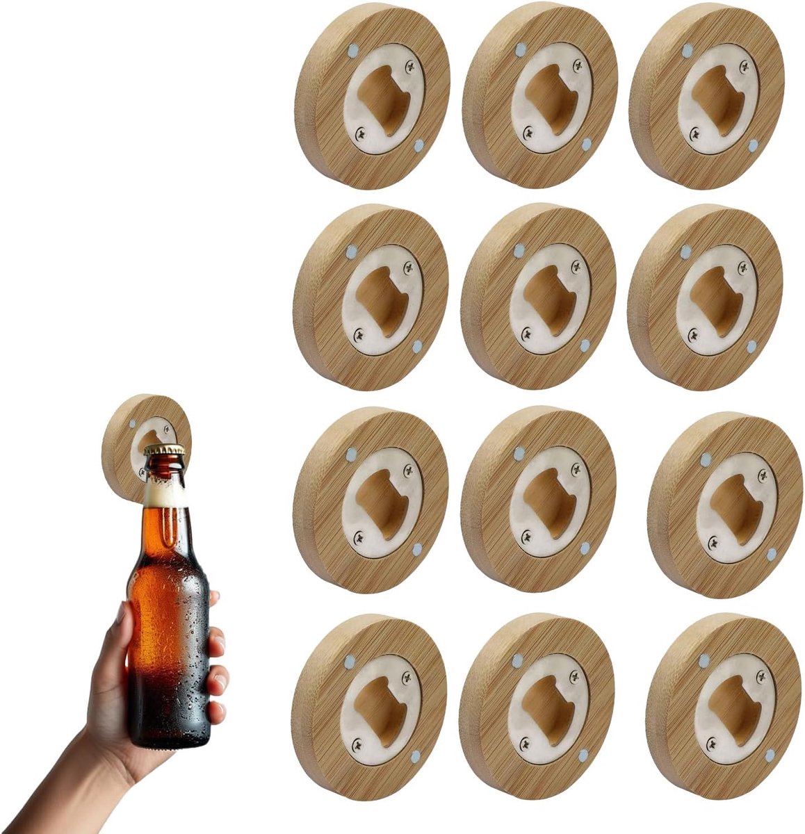 Flessenopener 12 Stuks - Houten Rond - Magnetisch - Perfect voor Picnics - ShopVlot