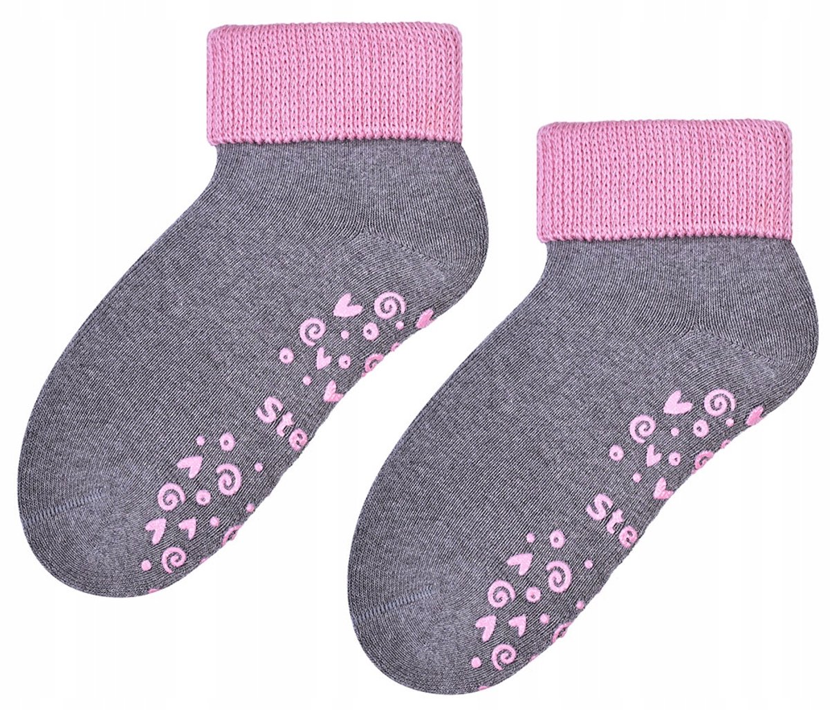 Warme ABS Antislip Sokken Frotte Grijs met Roze - Maat 23/25