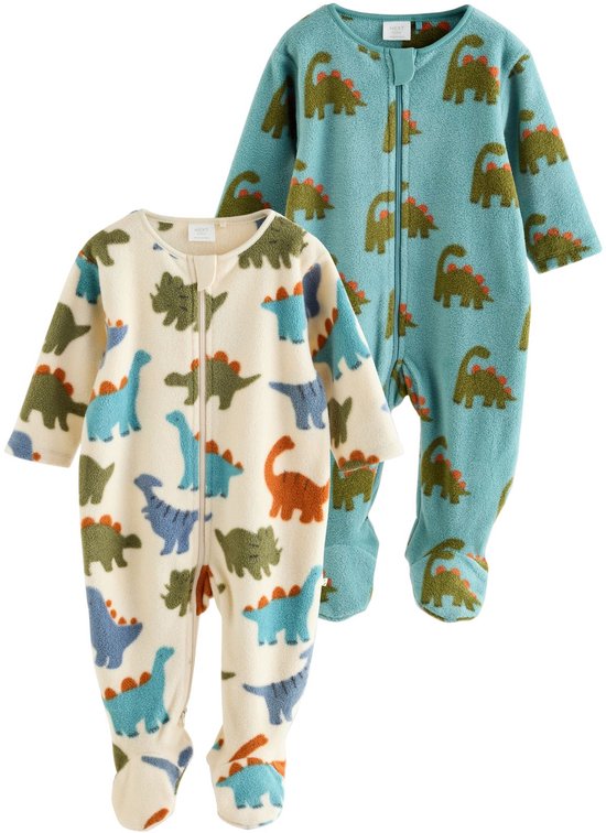 Set van twee babypakjes van microfleece, een met veelkleurige dino-print en een blauw model.