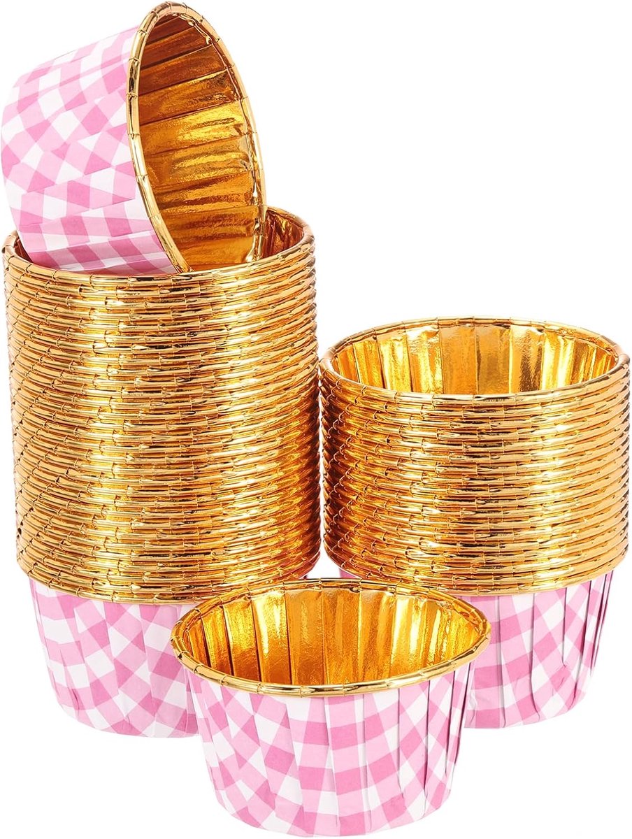 50 stuks eenzijdige aluminiumfolie, cupcake-vormpjes, vetbestendige muffins, bakvormen voor bruiloft, verjaardagsfeest, decoratie, roze (rond rooster)
