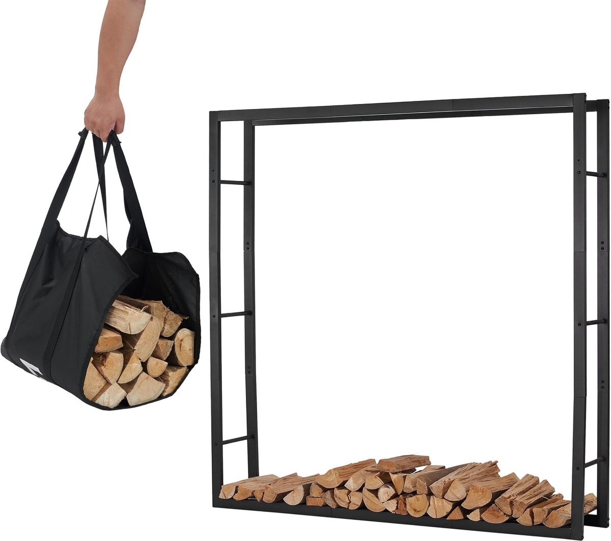 Houthouder 148×25×148 cm - Zwart staal - Stabiele constructie - Geschikt voor binnen en buiten - SnelShoppen