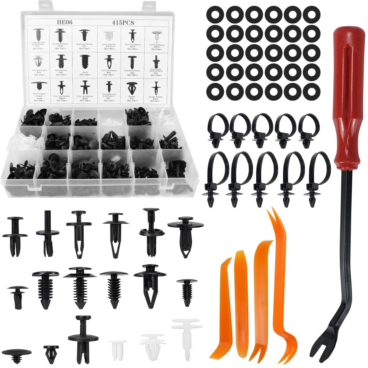 Clipset met verwijderaar, 18 gangbare maten, bumpers, sierlijsten, plastic clips, autoclips voor de meeste auto's (415 stuks)