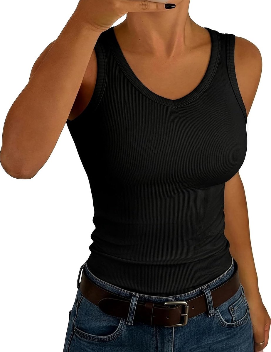 Tanktop voor dames, V-hals, slim fit, geribbeld, zomer | Mouwloos, sexy, stretch, basic, onderhemd, casual voor dagelijks gebruik, vrije tijd, effen kleur