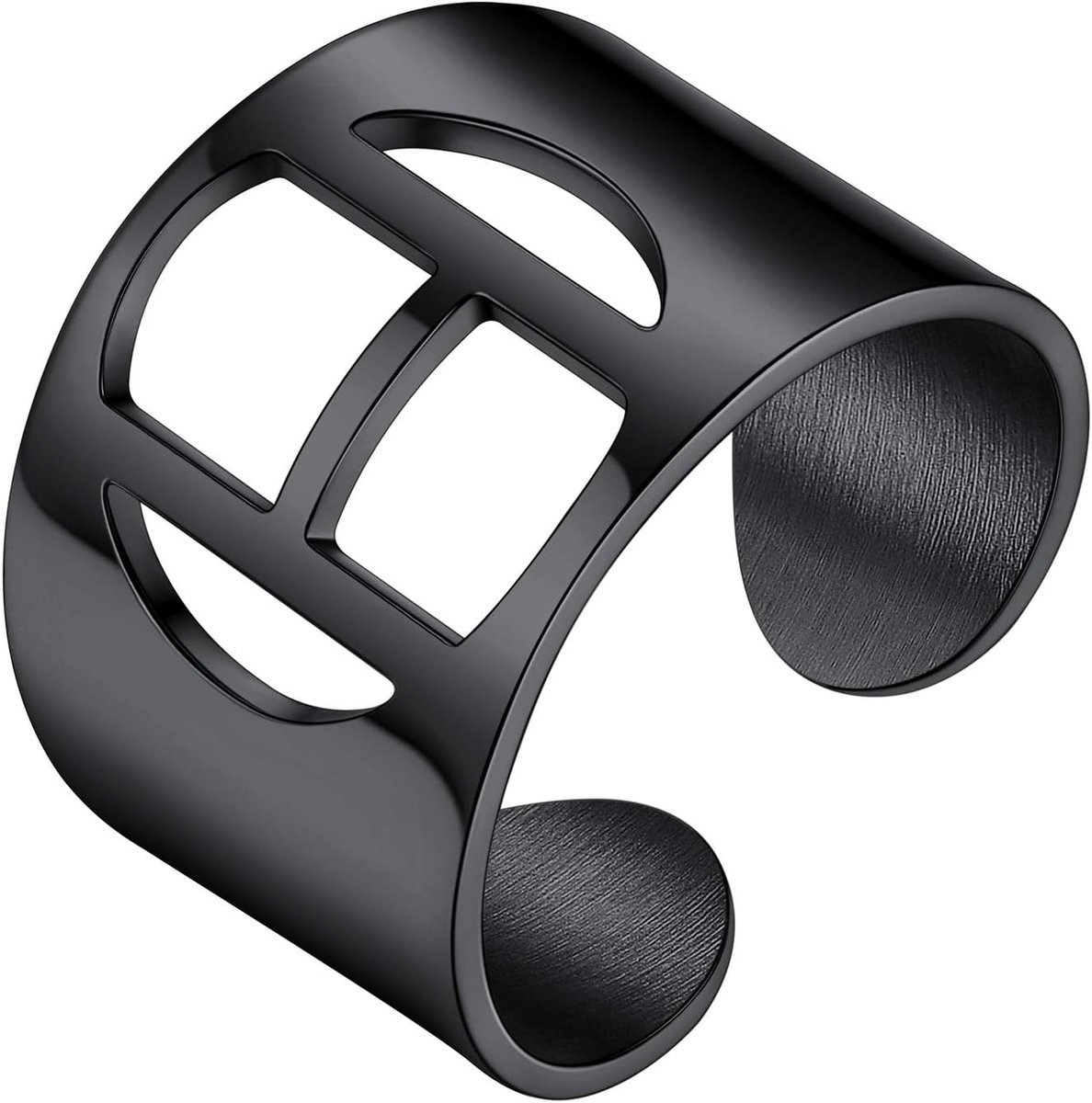Damesring met letter H, zwart staal, open ring met initiaal