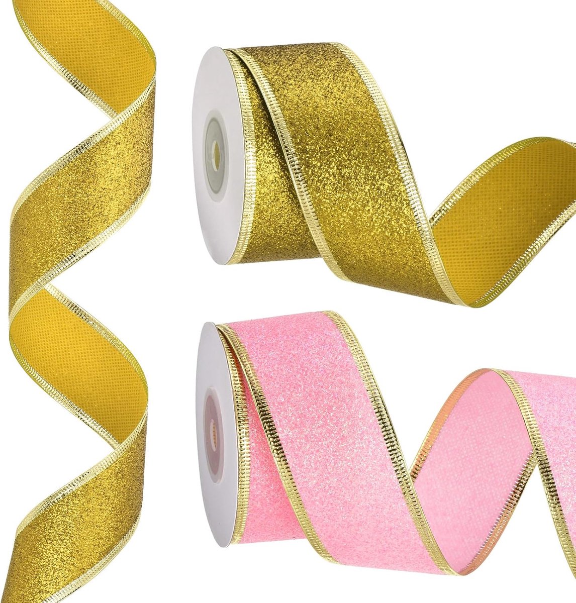 Kerstlint van 3,8 cm x 3,8 cm, metallic draad lint, glanzende geschenkverpakkingslint voor knutselen, verjaardag, bruiloft, festival, decoratie, roze/goud