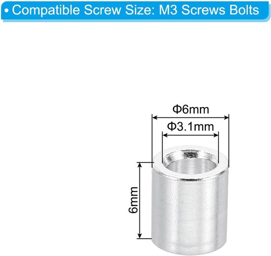 M3 aluminium afstandhouders, 10 stuks metalen afstandhouders aluminium 3,1 mm ID x 6 mm OD x 6 mm L aluminium afstandhouder schroefstandaard rond voor M3 schroefbouten — afbeelding 4