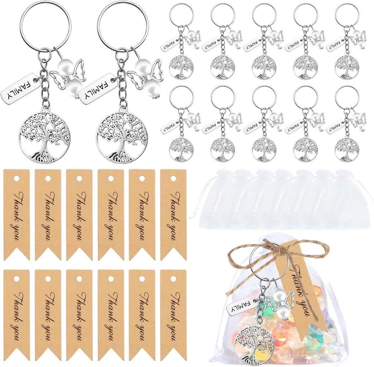 50Set Familie Reünie Gunsten Boom van het Leven Sleutelhanger Bulk Angel Charms met Thankyou Tags Jute Twines en Organza Zakken Familie Reünie Geschenken voor Gast, Splinter, Eén maat
