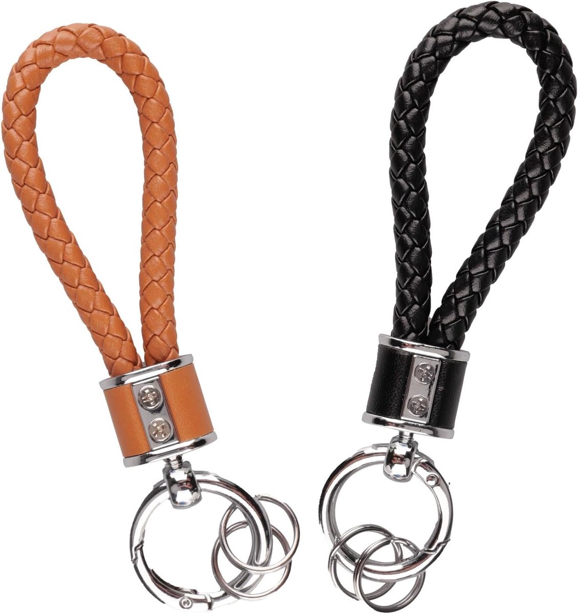 2 stuks gevlochten leren sleutelhangers, 12 cm, gevlochten sleutelhanger, uniseks, met sleutelring voor auto's, motorfietsen en huizen (koffie en zwart)