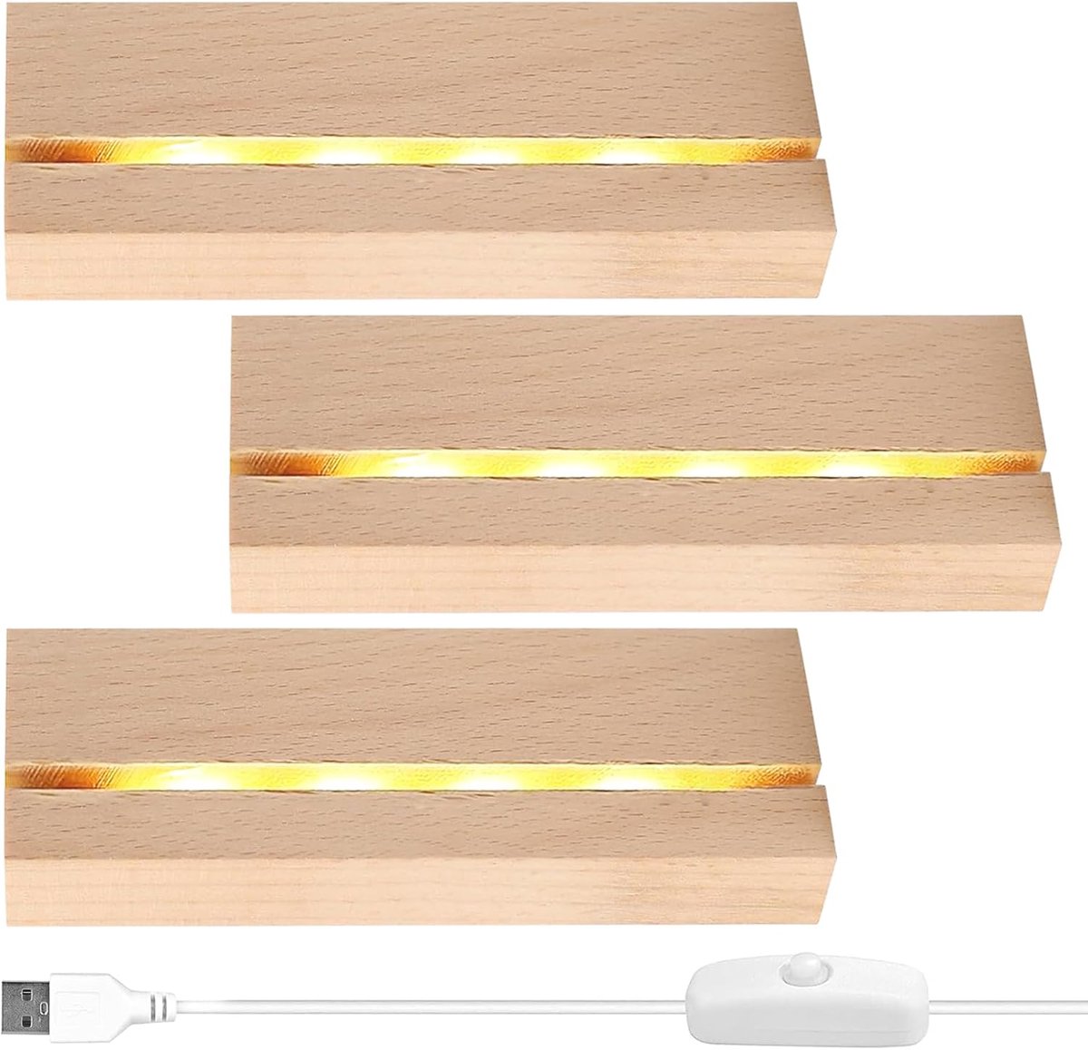 3 stuks led-displaybasis, houten sokkel met USB, warme kleur, rechthoekig verlichte houten basis, voor 3 mm dikke acrylplaat, kristalglas, vlak