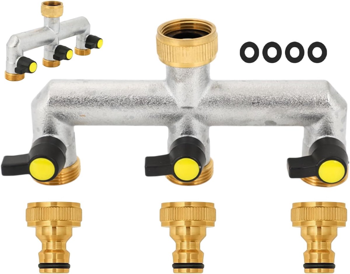 3-voudig, 3/4 inch messing wateraansluiting verdeler met individuele afsluitkranen, 3-weg waterverdeler, kraanaansluiting voor huis, binnenplaats, wasmachine, tuinslangen