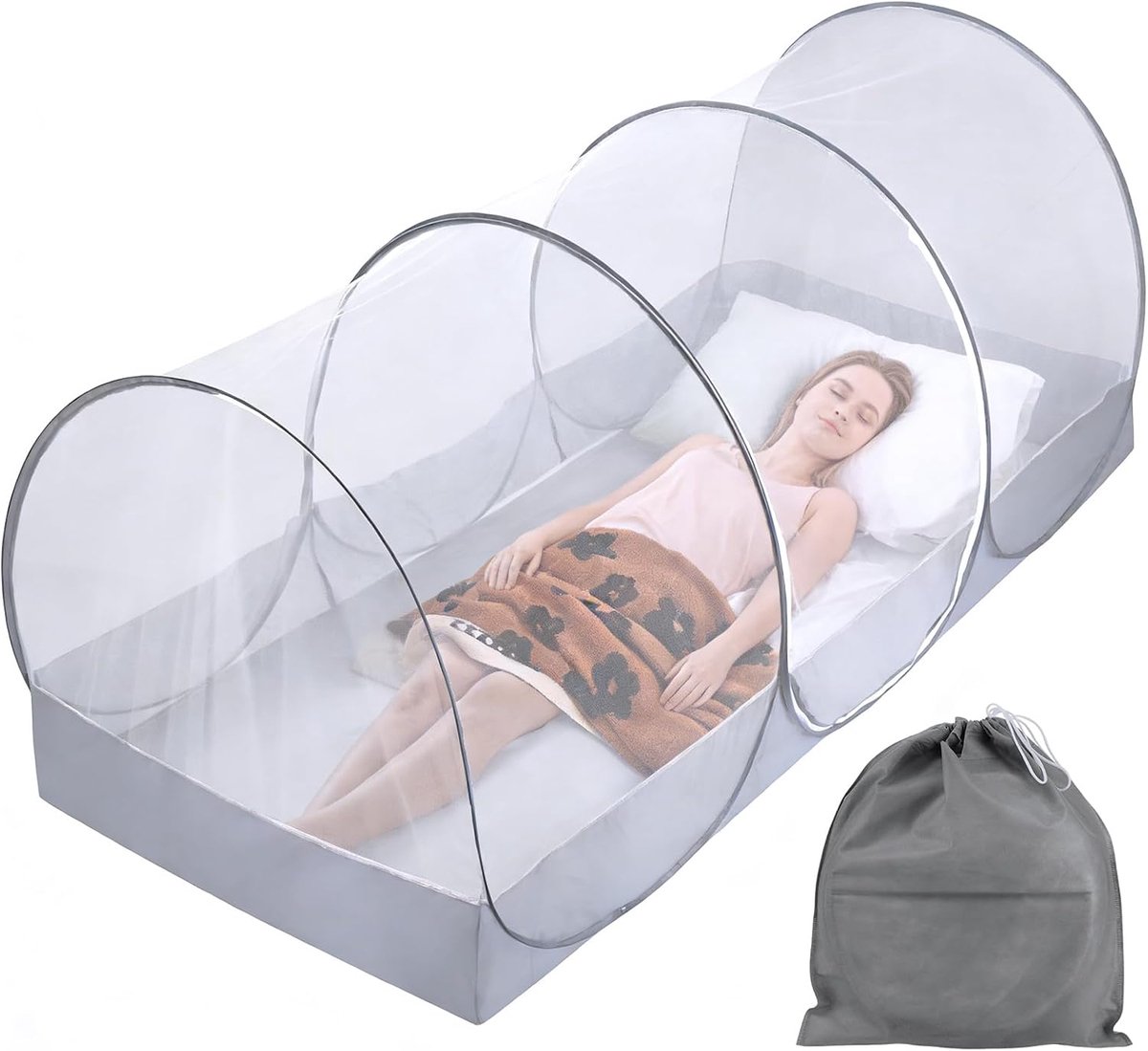 Muggennet voor op reis voor bed, pop-up, licht, opvouwbaar muggennet voor kamperen, reizen en thuis, 360° bescherming met ritssluiting, eenvoudige montage en ademend (B)