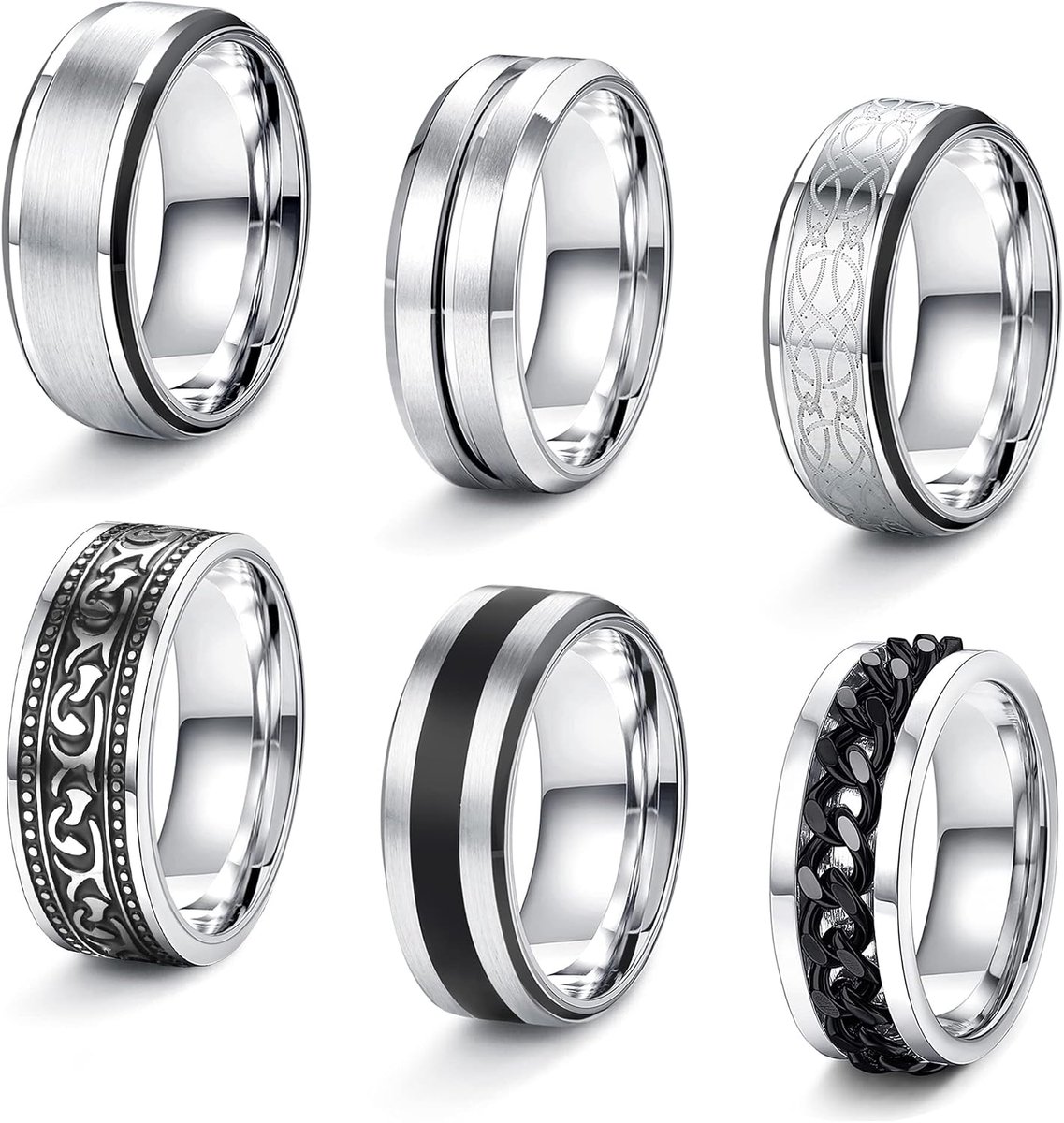 Ringen voor heren, set van 6 stuks, van roestvrij staal, zilver, mat gepolijst, met Keltische knoop, vintage ringen, bandringen, trouwringen, verlovingsringen voor dames en heren, maat 54-70