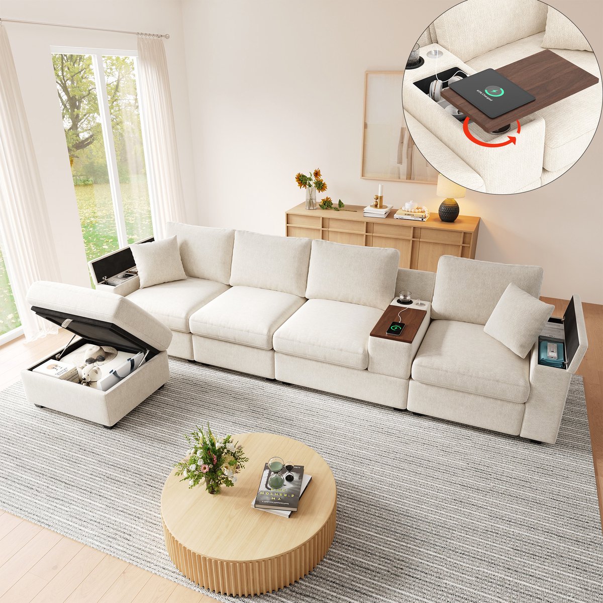 L-Bank, 4-Zitsbank, Woonkamer Hoekbank, Modulaire L-Vormige Bank Met Voetenbank, Multifunctionele Hoekbank Met Opbergruimte, USB/Type-C-Poorten, Bekerhouders, 360° Draaibare Salontafel, Opbergruimte In De Armleuningen-Beige