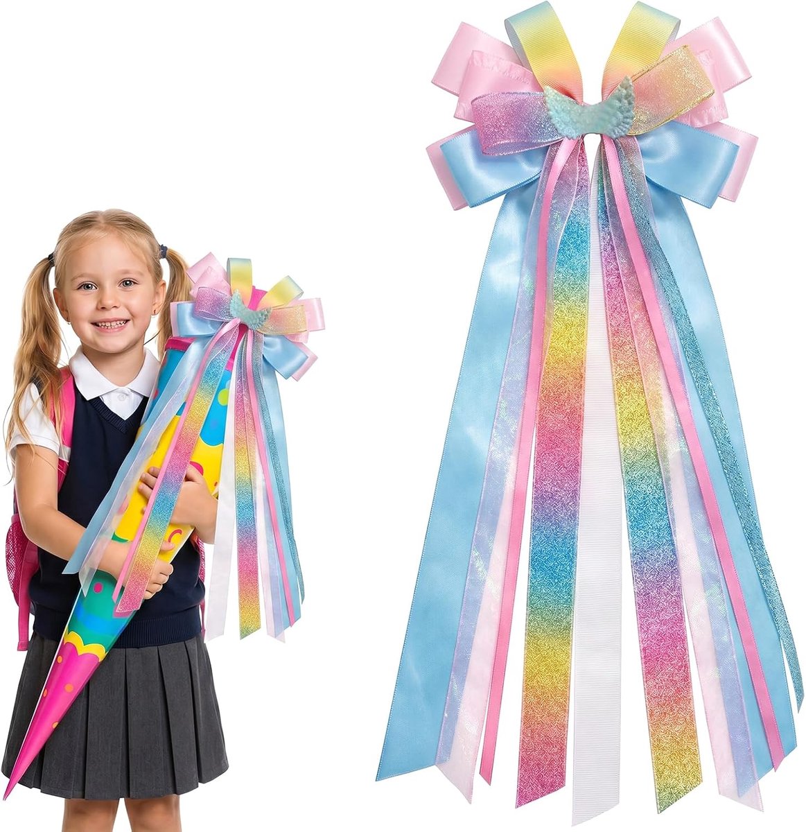 Decoratieve strik voor schoolzakjes 60 cm - meerkleurig - regenboogkleurig - vrolijke eerste schooldag - ShopVlot