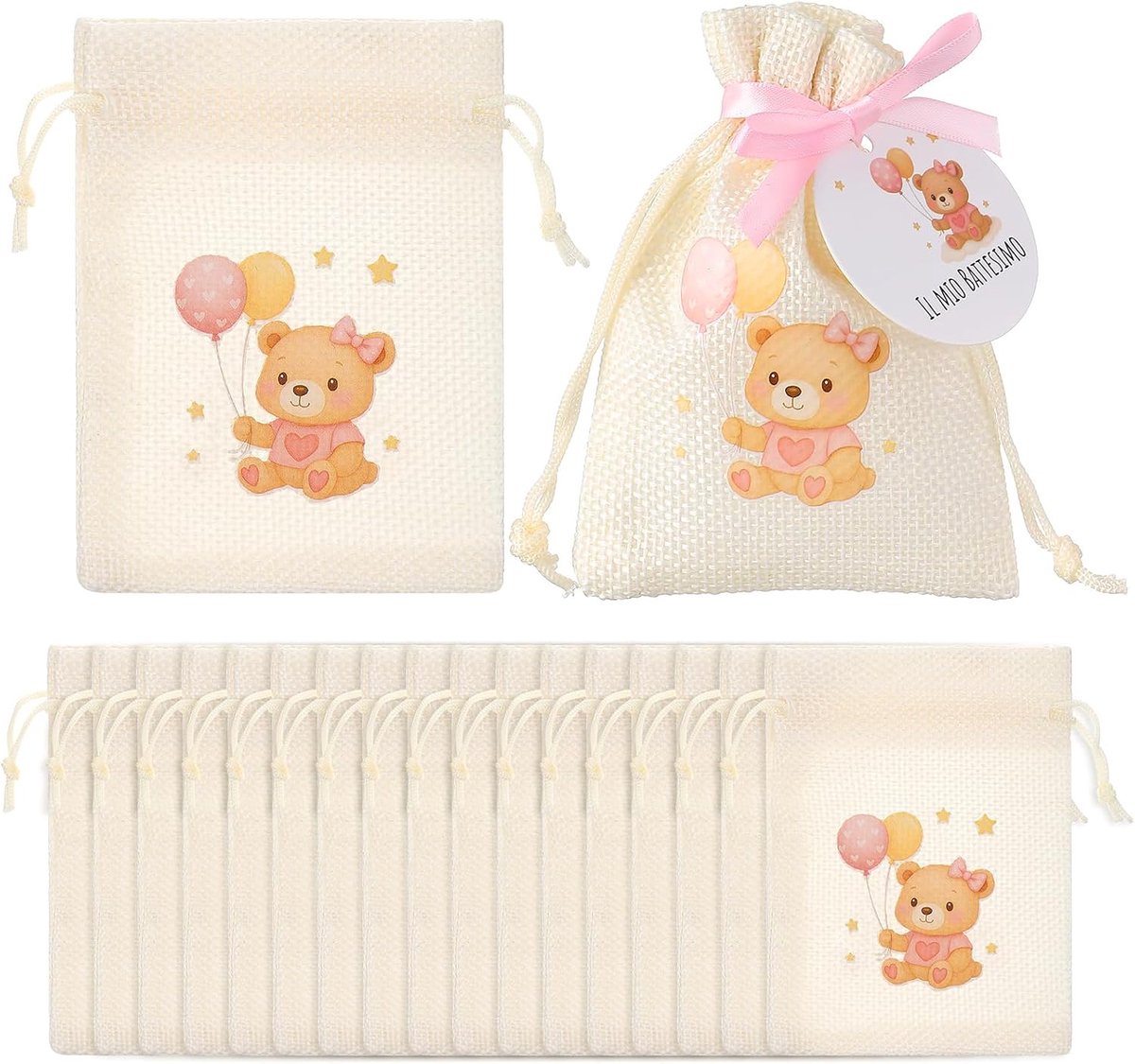 Bomboniera set 20 stuks - katoenen zakjes - roze beer - perfect voor doop en geboorte - ShopVlot