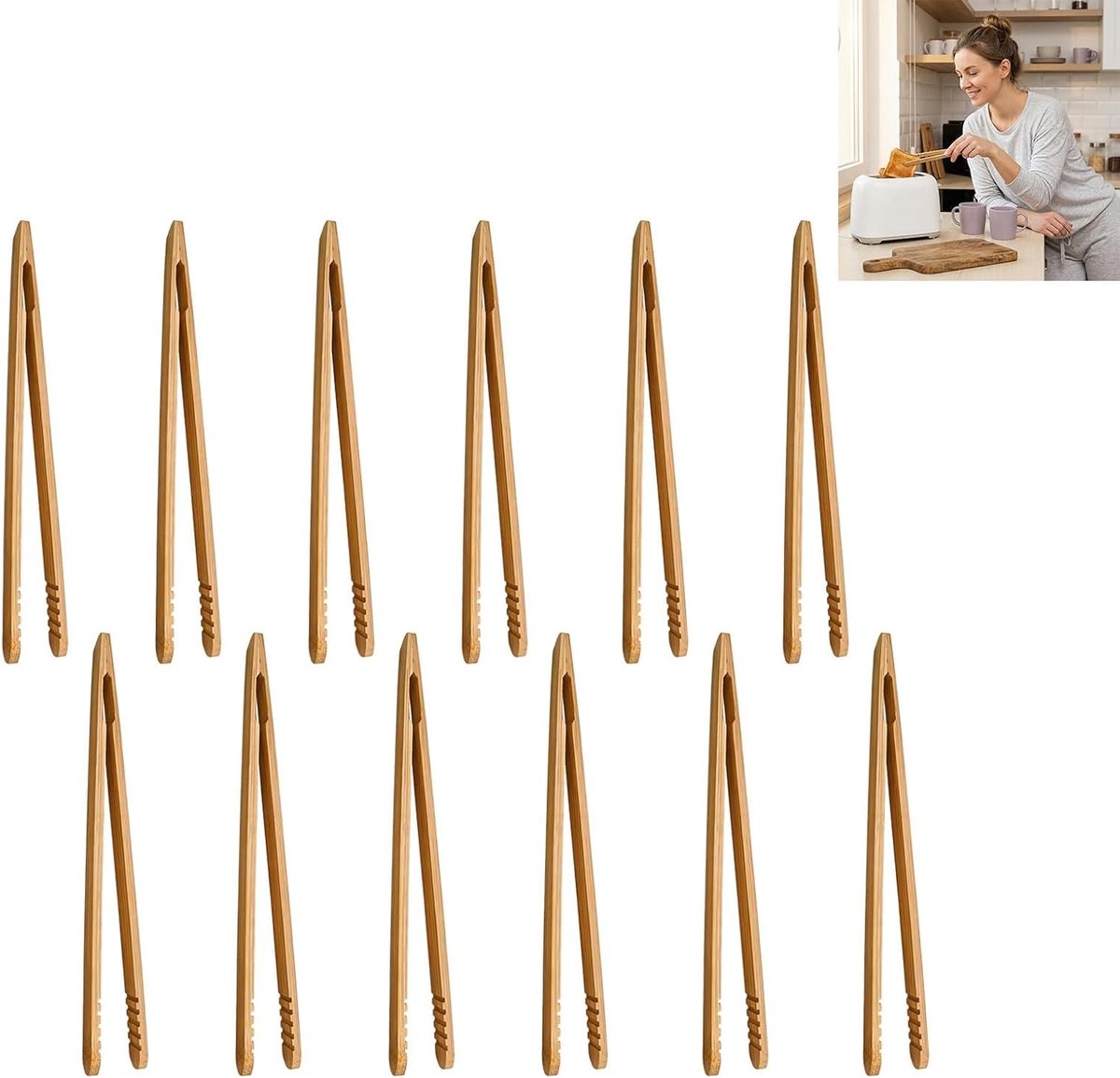 12 stuks 18 cm barbecuetang hout, toasttang van bamboe voor brood en bakwaren, herbruikbare houten tang, keuken, milieuvriendelijk, voor groenten en fruit, barbecue, picknick, hot pot