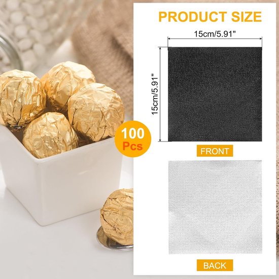 100 stuks aluminium bladeren voor snoep, 15 cm x 15 cm bladeren voor chocoladesstokjes, aluminiumfolie voor het versieren van snoep (zwart, oranje schil) — afbeelding 5