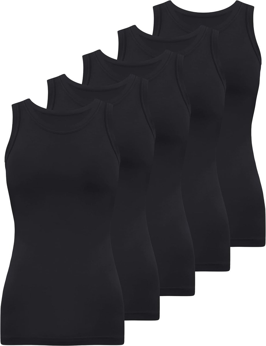Set van 5 tanktops voor dames, ronde, hooggesloten hals, mouwloos, slim fit, basic onderhemdjes