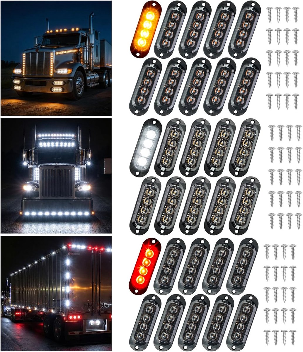 30x Zijlicht LED 12V-24V Zijmarkeringslichten, Waterdichte Markeringslamp met 4 LED Rookkleurige Glazen voor Auto Aanhanger Caravan Trailer Vrachtwagen Camper (Rood + Wit + Oranje)