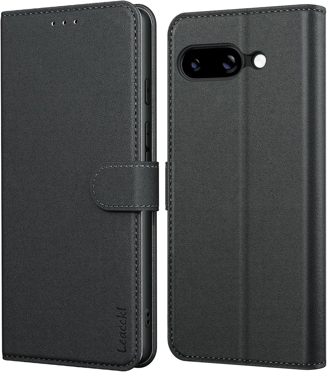 Hoesje voor Google Pixel 9a, leren portemonneehoesje, flipcase, hoesje met kaarthouder en magnetische gesp, zwart