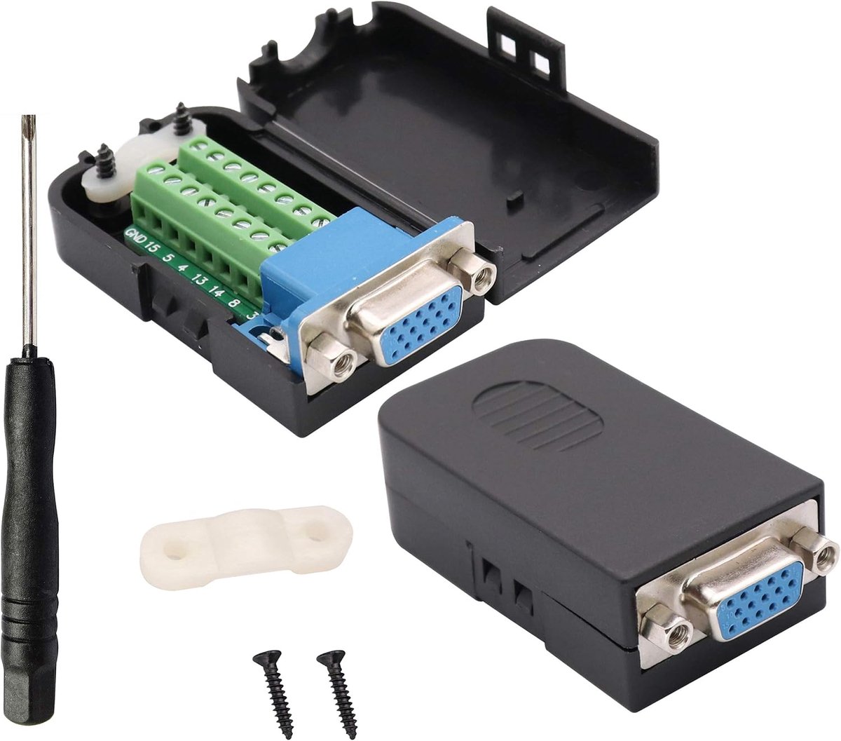 Schroefklemmenblok Adapter D-SUB 15 Pin 3 Rij DB15 VGA Vrouwelijk naar 16 Pin/Manier Vrouwelijke Seriële Terminal Breakout Board Connector Signaalmodule met behuizing (2Pcak/Vrouwelijk)