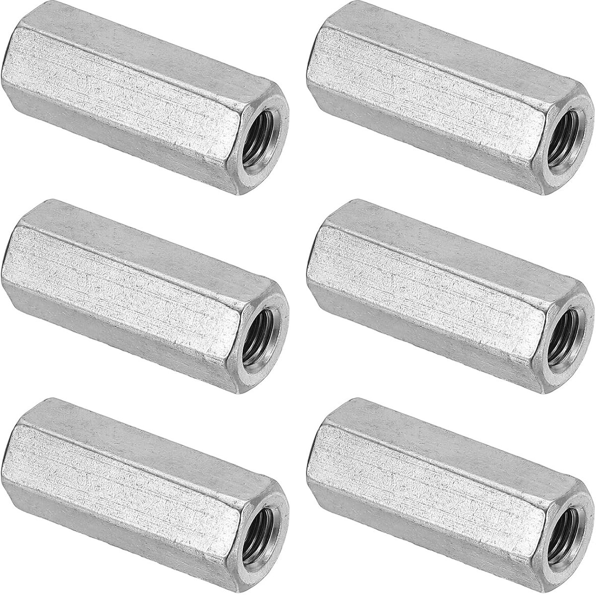 Zeskantige koppelingsmoeren van roestvrij staal 304, M10 x 1,5, 6 stuks, 45 mm/1,8 inch, dikke draadstang, volledige schroefdraad, bevestigingsverbinder, zilverkleurig