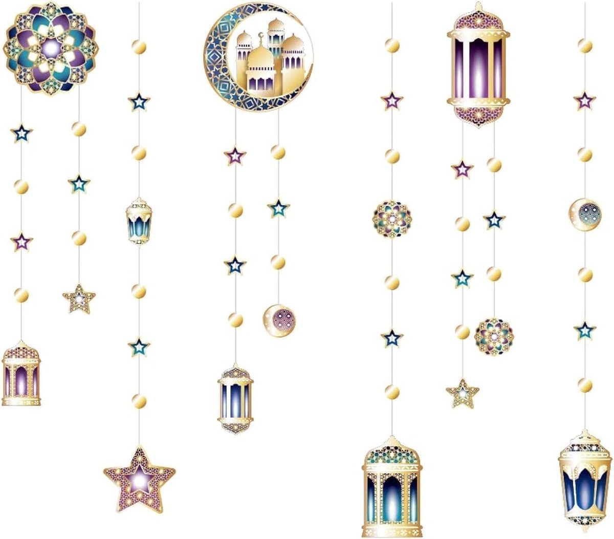 6 stuks Shinning Lantaarn Halve Maan Ster Slinger Kit voor Ramadan Party Decoratie Opknoping Maan Sterren Banner Streamer Decoraties Islamitische Verjaardag Bday Bruiloft Ramadan EID