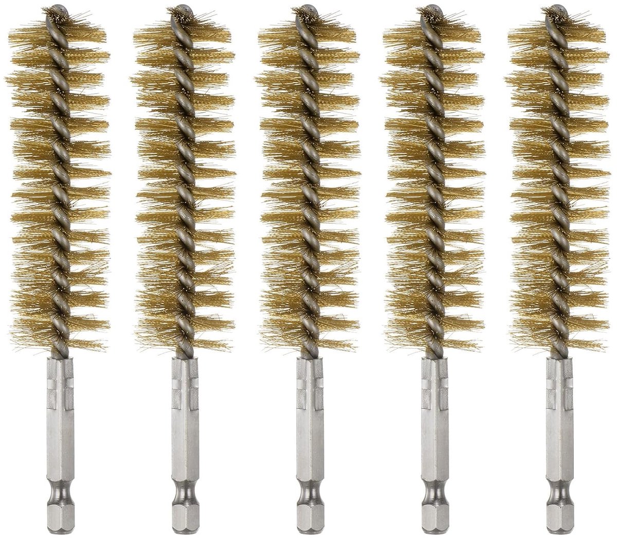5 stuks boorborstels van messing, 22 mm diameter, reinigingsborstel van gedraaide bronzen draad, buisreiniger met handvat en 1/4 inch zeskantschacht voor buizen, aansluitingen, lagers