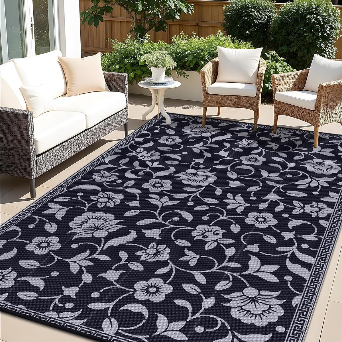 Smiry Outdoortapijt, waterdicht, uv-bestendig, omkeerbaar, met kunststof riet, voor balkon, camping, picknick, binnenplaats, 180 x 270 cm, zwart en grijs, bloem