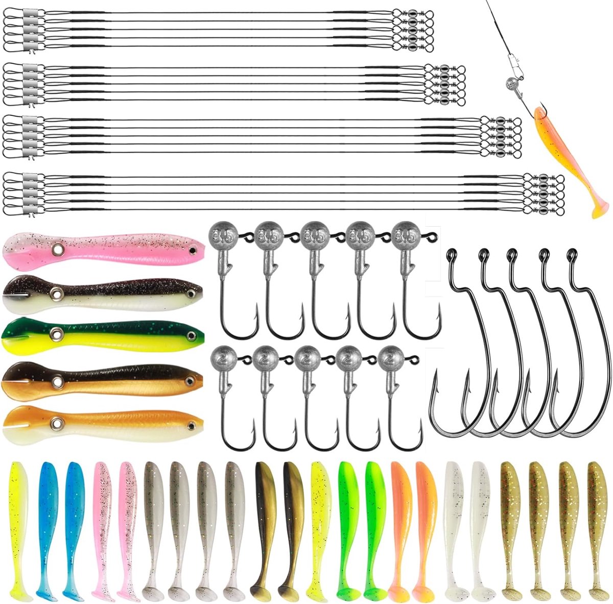 SnelShoppen - 62pcs Rubber Bait Set met Jig Heads, Offset Hooks & Stalen Leiders - 100/70mm T-Tail Kunstaas voor Snoek, Zander, Baars & Forel