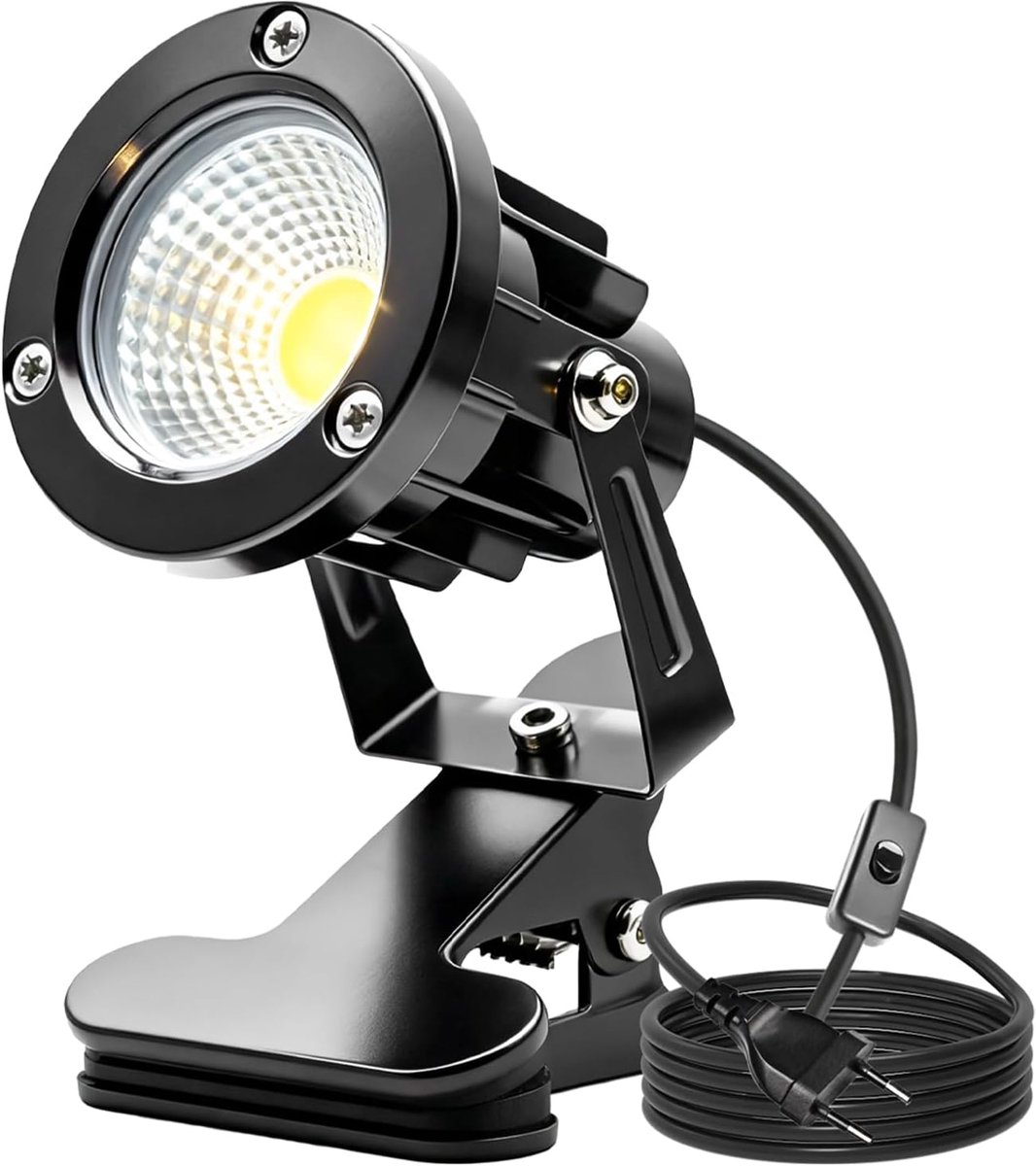 Led-spot, klemspot met stekker en schakelaar, IP65, 10 W, waterdichte plantenspot voor binnen en buiten, led-klemspot met 1,5 m kabel, stekker voor outdoor/binnenplaats, gazon (koud wit)