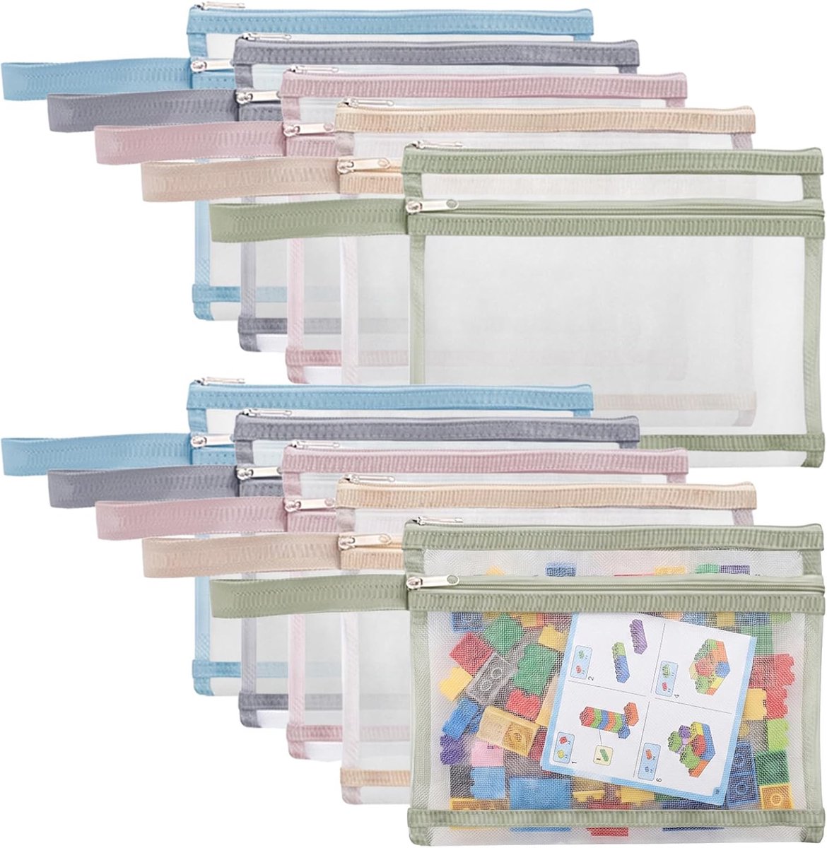 10 stuks A4 dubbellaags mesh ritszakken met handvat, kleurrijke, dubbellaagse transparante mesh opbergtas, opbergtas speelgoed voor speelgoed, documenten, cosmetica
