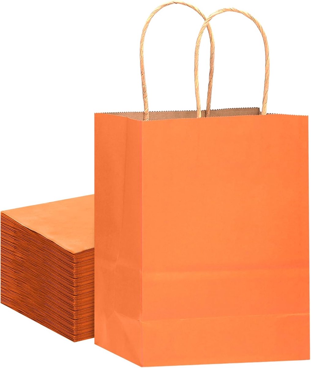Zakken van kraftpapier met handvat, 21 x 15 x 8 cm, kleine cadeauzakken, oranje, boodschappentassen voor meerdere toepassingen, klein formaat, 32 stuks