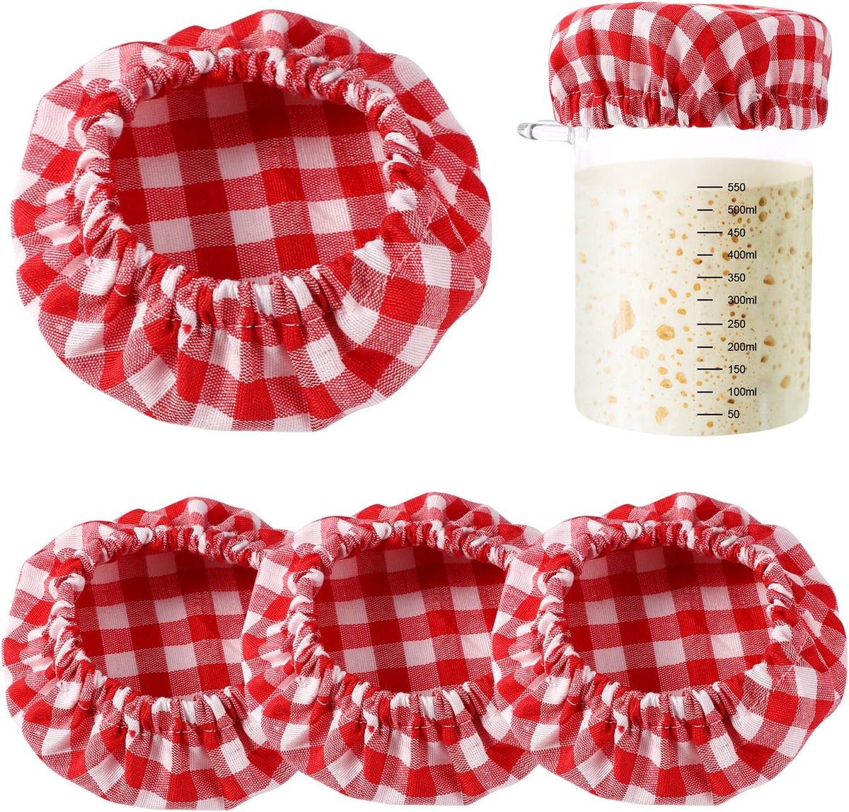 4st Zuurdesem Startpot Stoffen Hoezen, Geruit Katoen Stoffen Pothoezen Elastisch Ongebleekt Herbruikbaar Stoffen Dekseldeksel Zuurdesemkomdeksel voor Potmond Van 7,62-10,16cm (Rood)