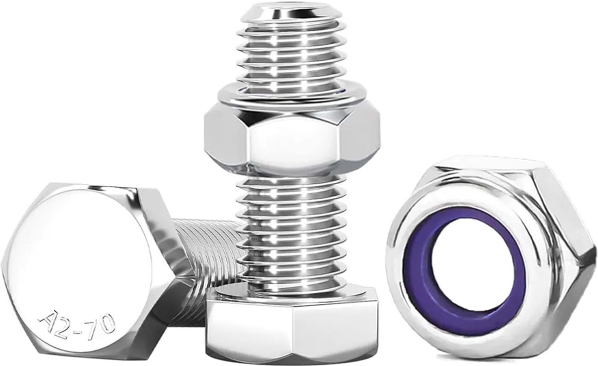 Zeskantschroevenset, M10, schroeven met moeren, machineschroeven, roestvrij staal, A2, V2A, M10 x 16 mm, roestvrijstalen schroeven, zelfborgende moeren, schroevenset voor meubels, auto's, 10