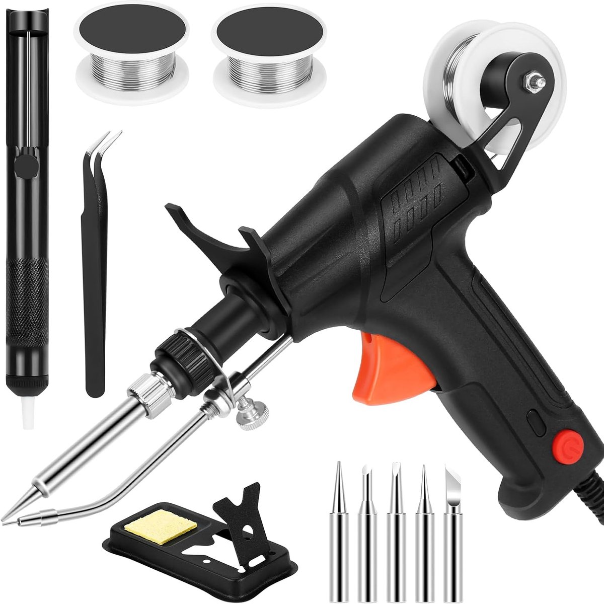 Laspistool, automatisch soldeerpistoolkit, handlasapparaat voor reparatie van printplaten, lasapparaat set met 5 soldeerpunten, 2 rollen tindraad, ESD-veilig pincet (EU PLUG)