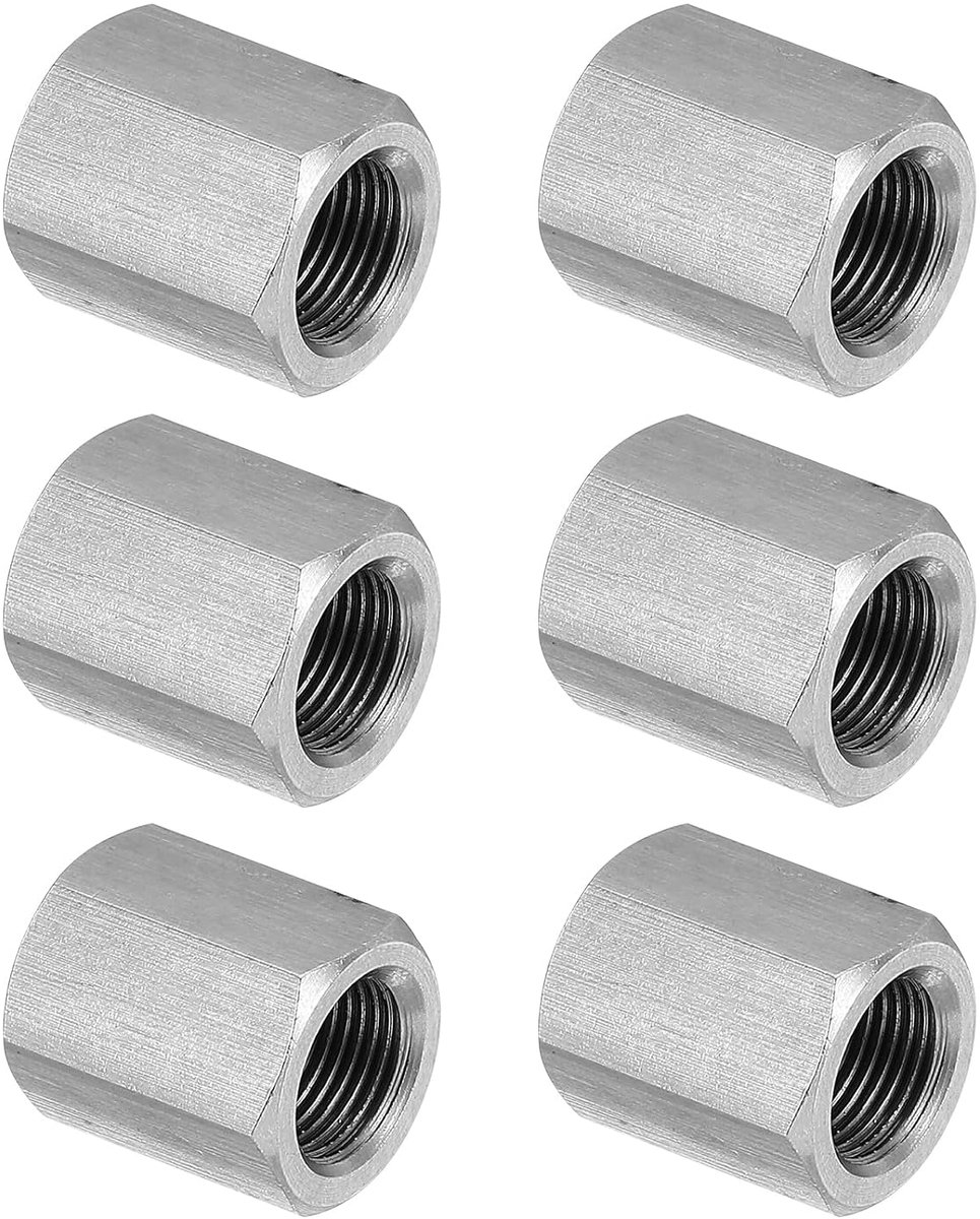 M12 x 1-Pitch 304 roestvrij staal zeskant-koppelingsmoeren, 6 stuks 20 mm / 0,8 inch lengte volledige draad-stangkoppelingsmoer verbindingsstuk bevestigingselementen, zilverkleur