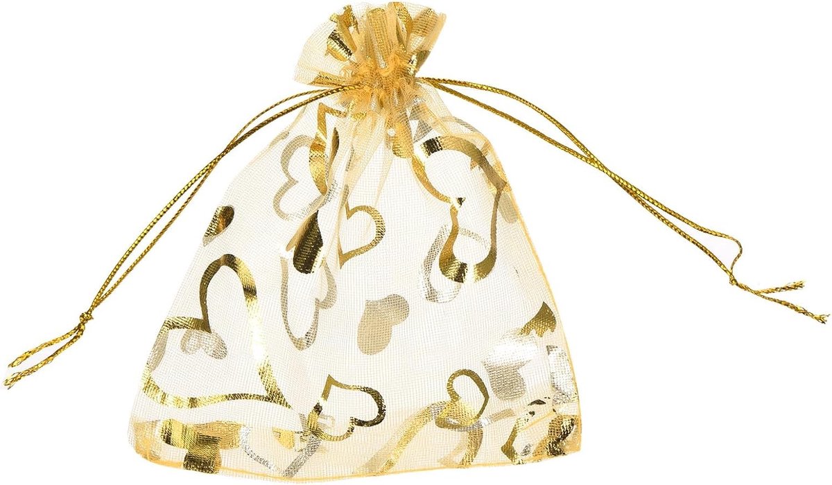 50 stuks organzazakjes, 10 x 15 cm, cadeauzakjes, sieradenzakjes, hartpatroon, mesh-zakjes met trekkoord, organzazakjes voor bruiloft, feest, Kerstmis, snoep, goud