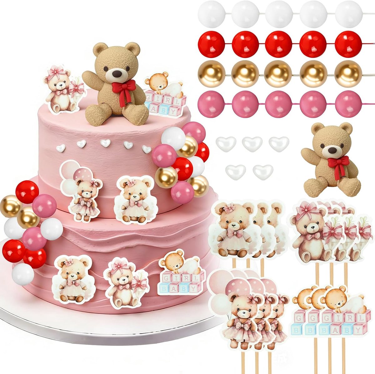 38 stuks beren-taarttoppers, cupcake-toppers, ballen, taartdecoratie, beer, taarttopper voor verjaardag, reveal, bruiloft, feestdecoratie (rood)